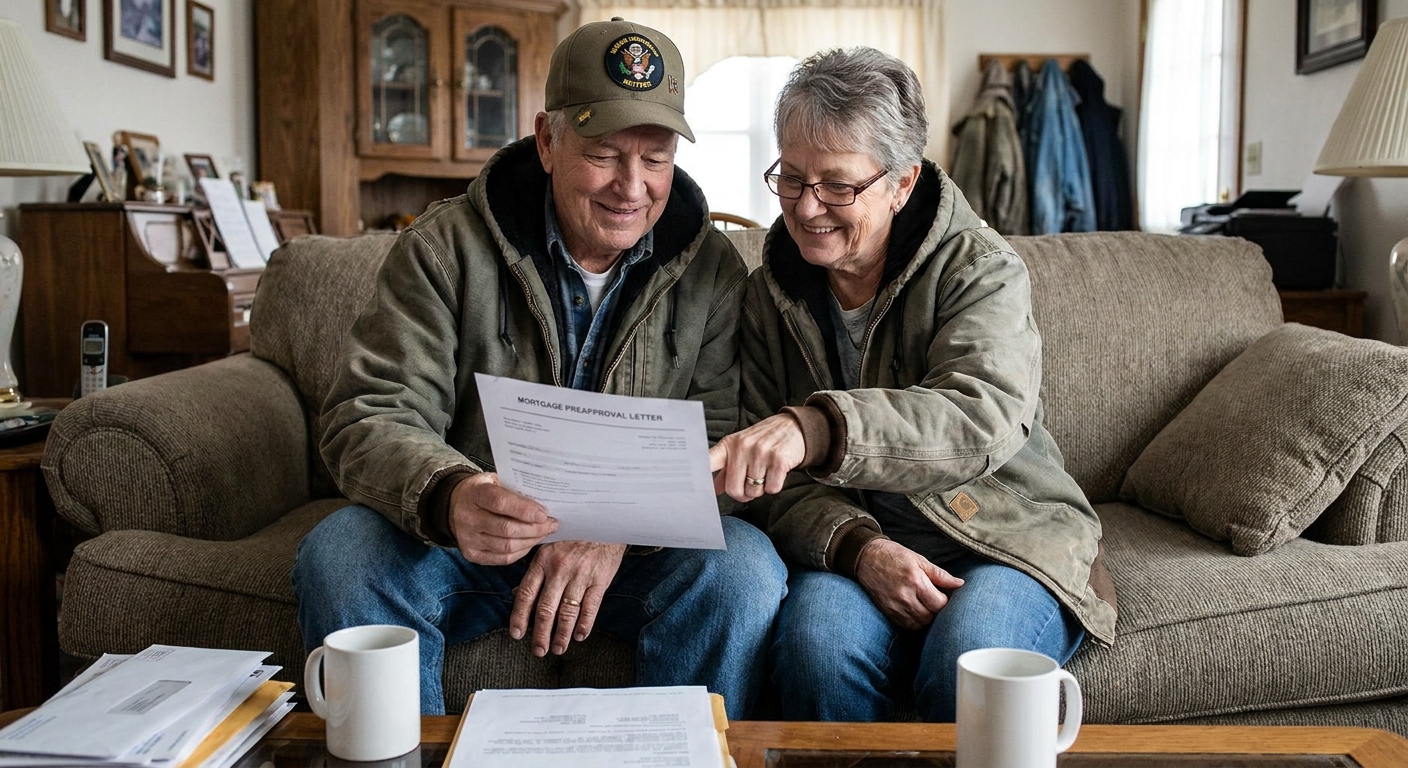 A veteran couple sitting on a couch reviewing a mortgage preapproval letter together, candid real life photo