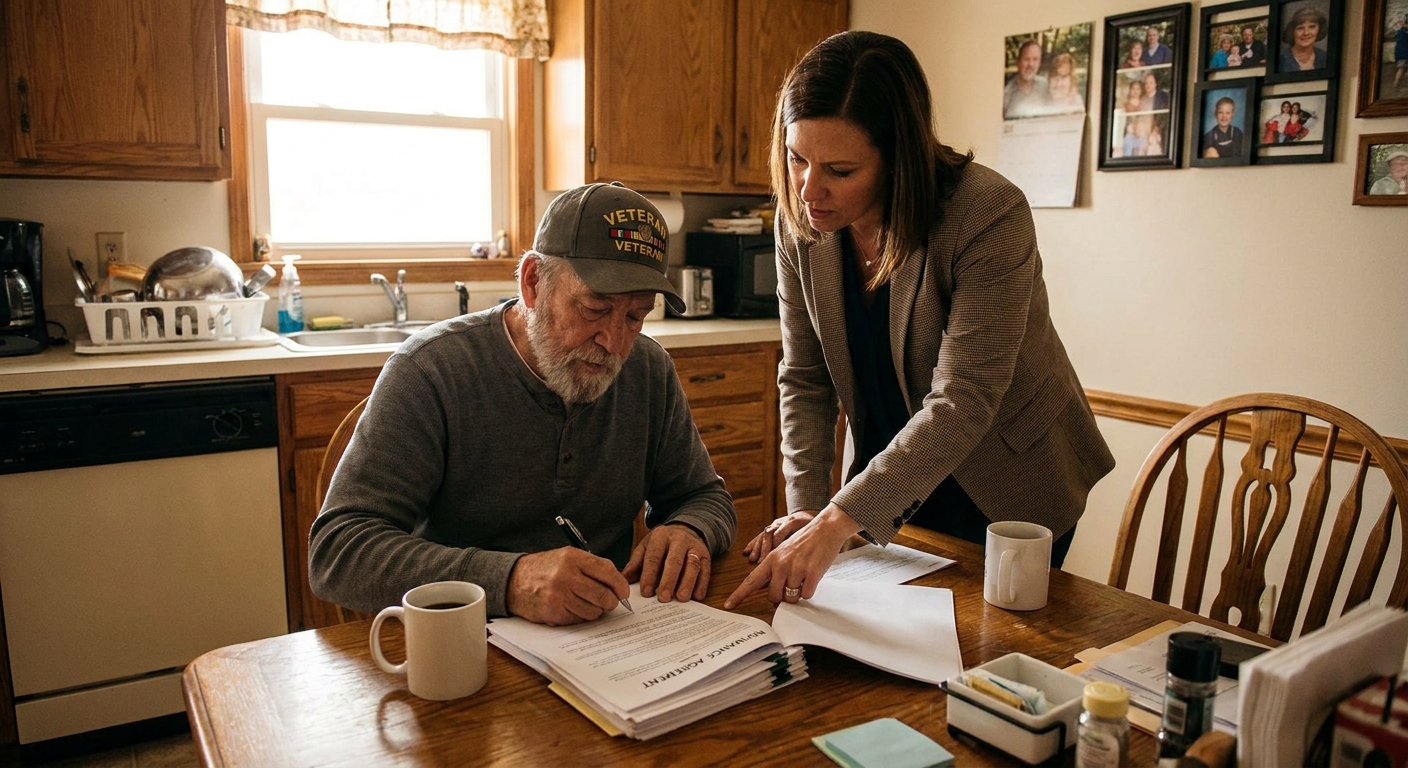 A veteran homeowner sitting at a kitchen table signing mortgage refinance paperwork with a loan officer, real-life indoor photography style