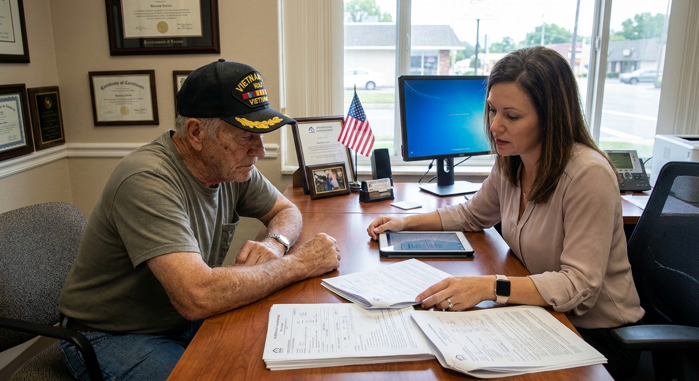 A veteran meeting with a mortgage loan officer in an office, both looking at loan documents on a desk, real photo