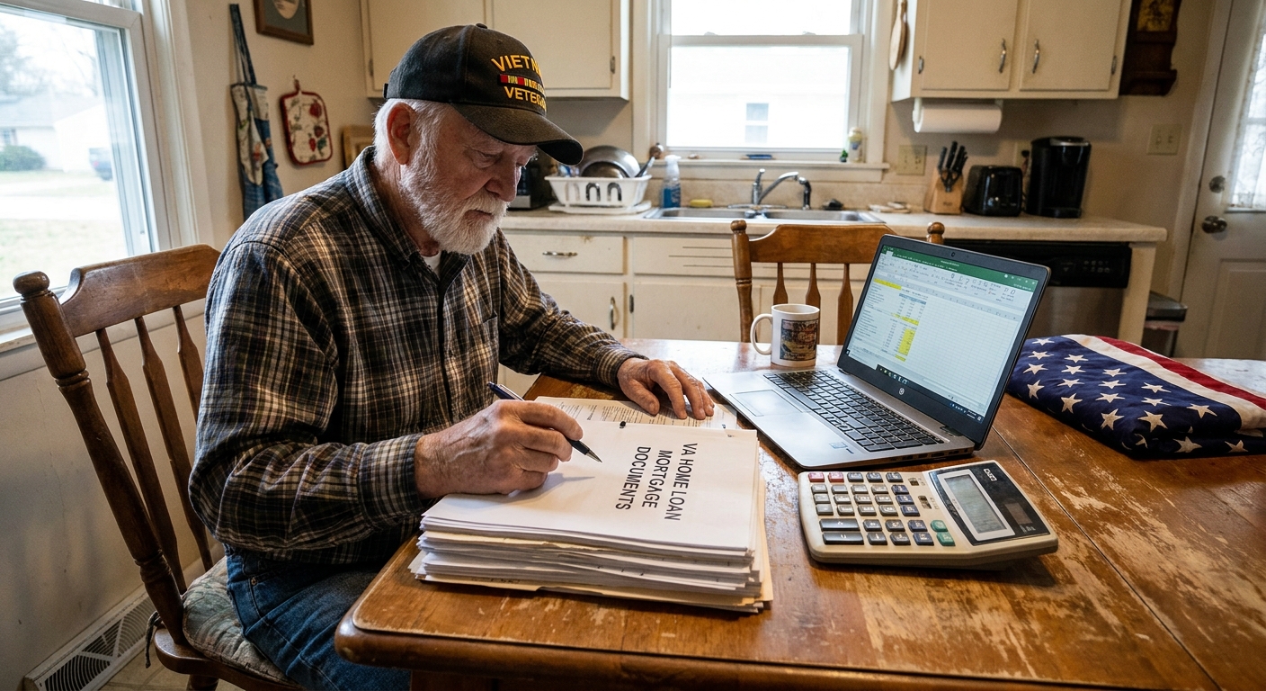 A veteran reviewing mortgage paperwork at a kitchen table with a calculator and a laptop, real-life photo
