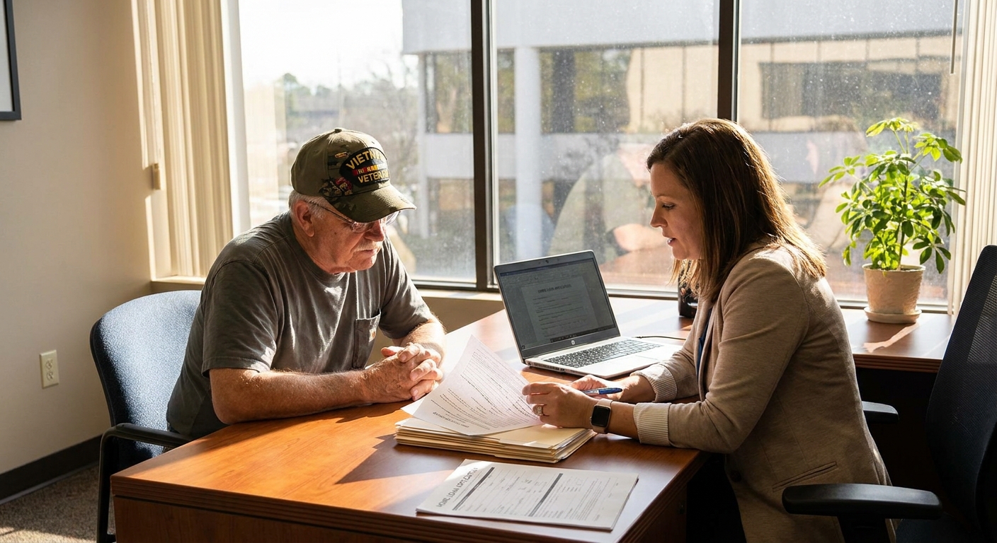 A veteran sitting at a desk with a mortgage loan officer reviewing home loan paperwork in a bright office, candid photo style