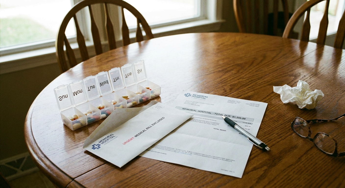 A weekly pill organizer next to an opened envelope with a medical bill on a dining table