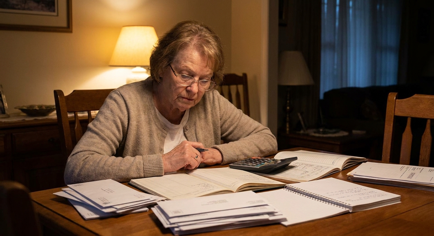 A widow sitting at a dining table reviewing bills and mail with a calculator and notebook, evening indoor lighting, realistic photo