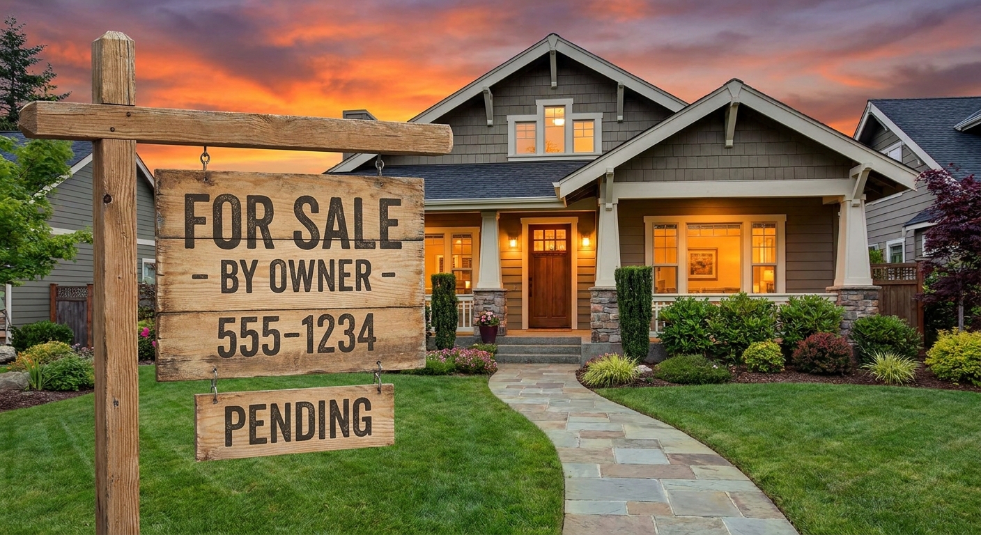 A wooden real estate for-sale sign in the front yard of a well-kept suburban home at sunset, realistic photo