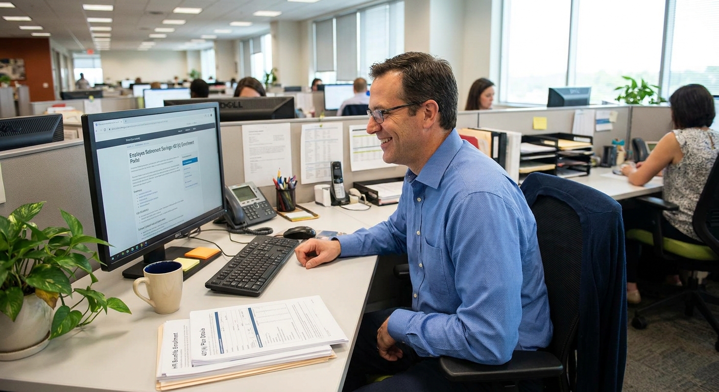 A worker sitting at a desk enrolling in a 401(k) plan on a computer, with HR paperwork nearby, realistic workplace photo