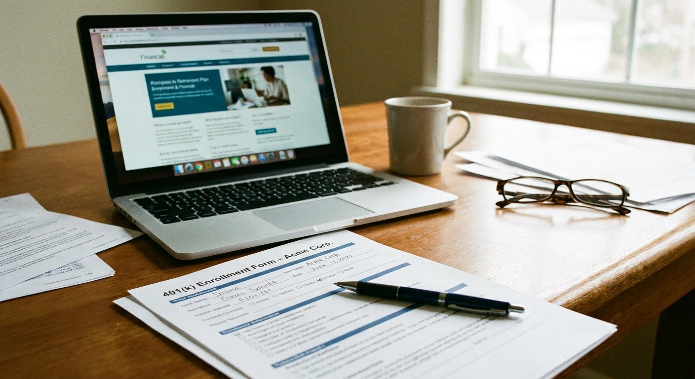 A workplace retirement plan enrollment form on a desk beside a laptop and a pen
