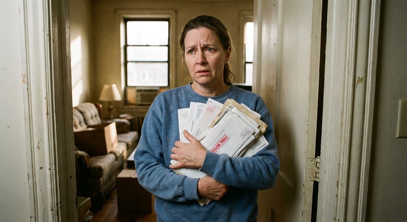 A worried person standing in an apartment doorway holding a stack of unopened mail, realistic photography