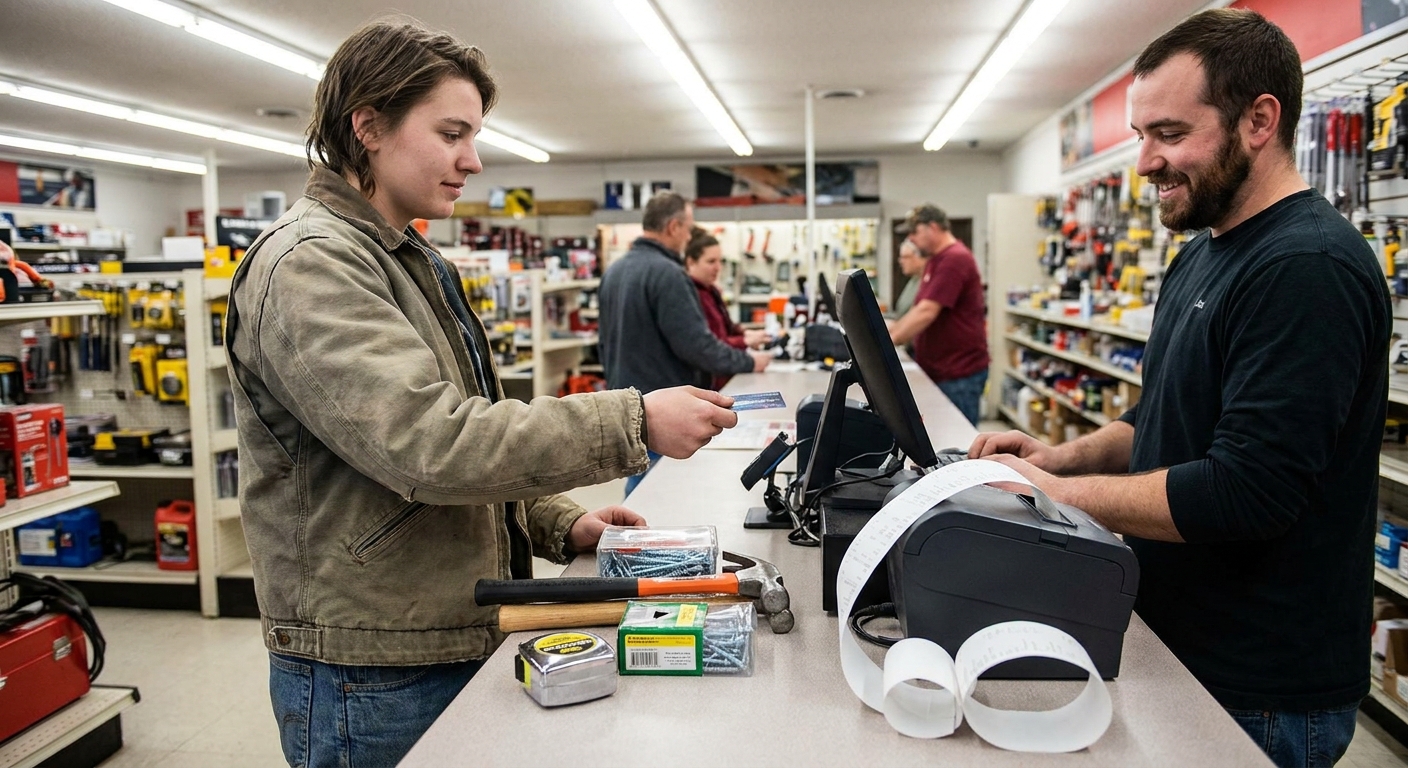 A young adult in work clothes buying required tools at a store counter with a receipt being printed, realistic photography