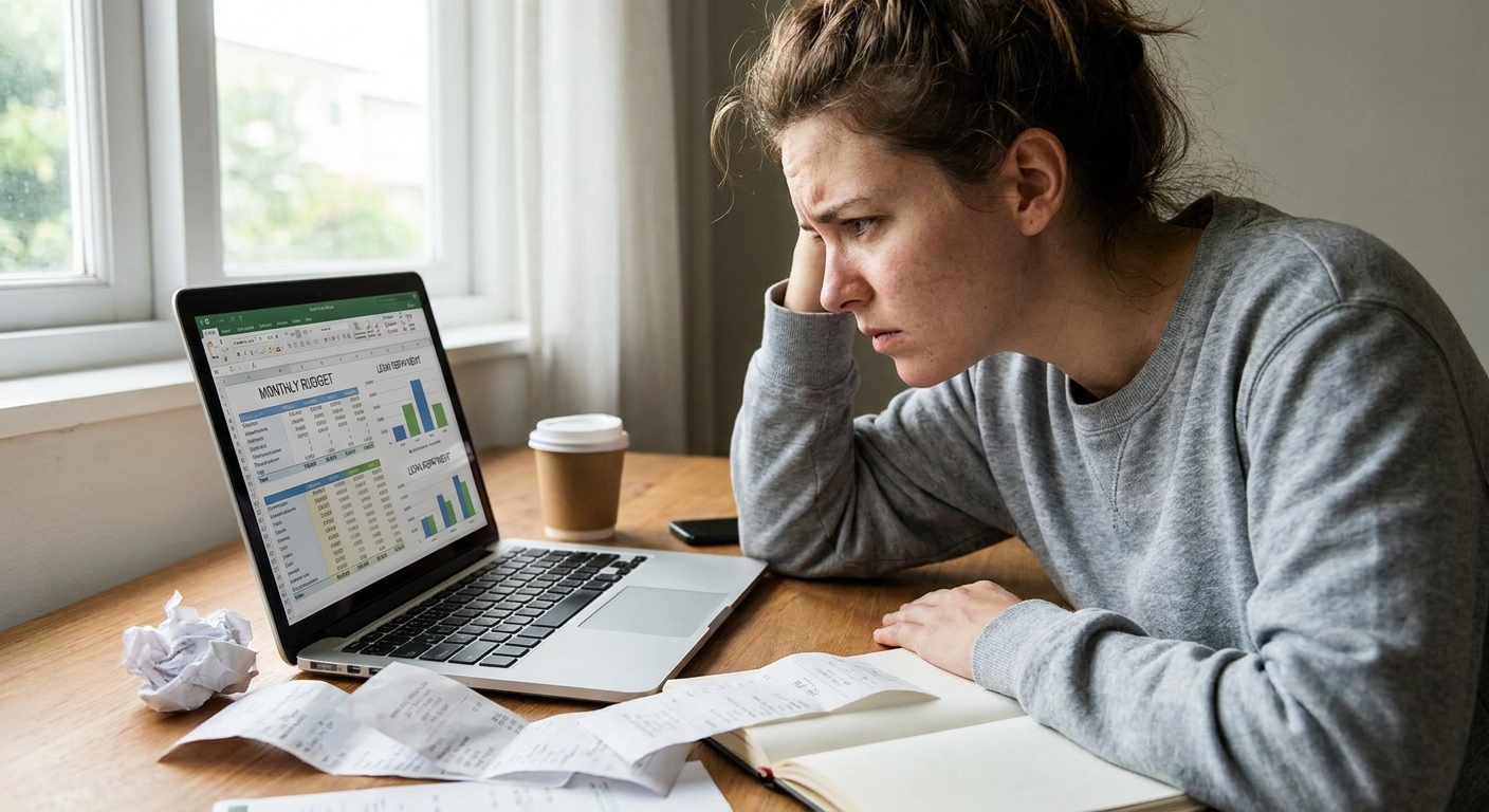 A young adult sitting at a desk looking at a laptop with a serious expression while reviewing personal finances, natural indoor light