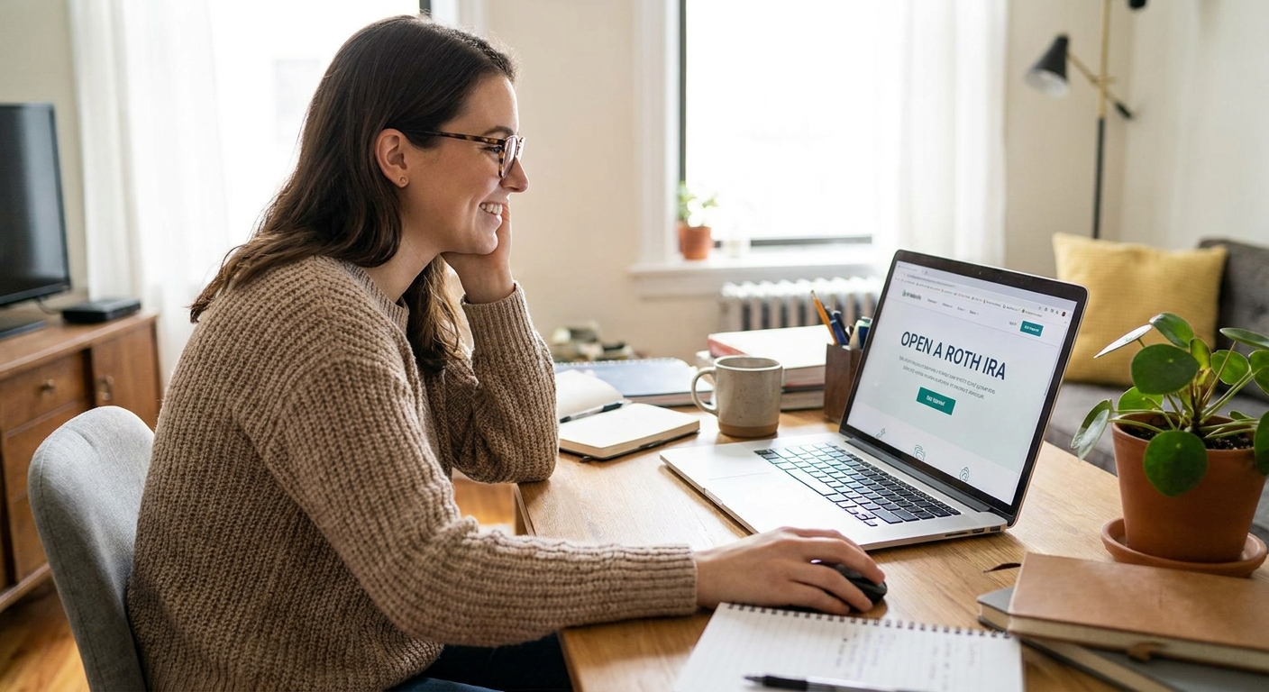A young adult sitting at a desk using a laptop to open a Roth IRA account online, realistic photography