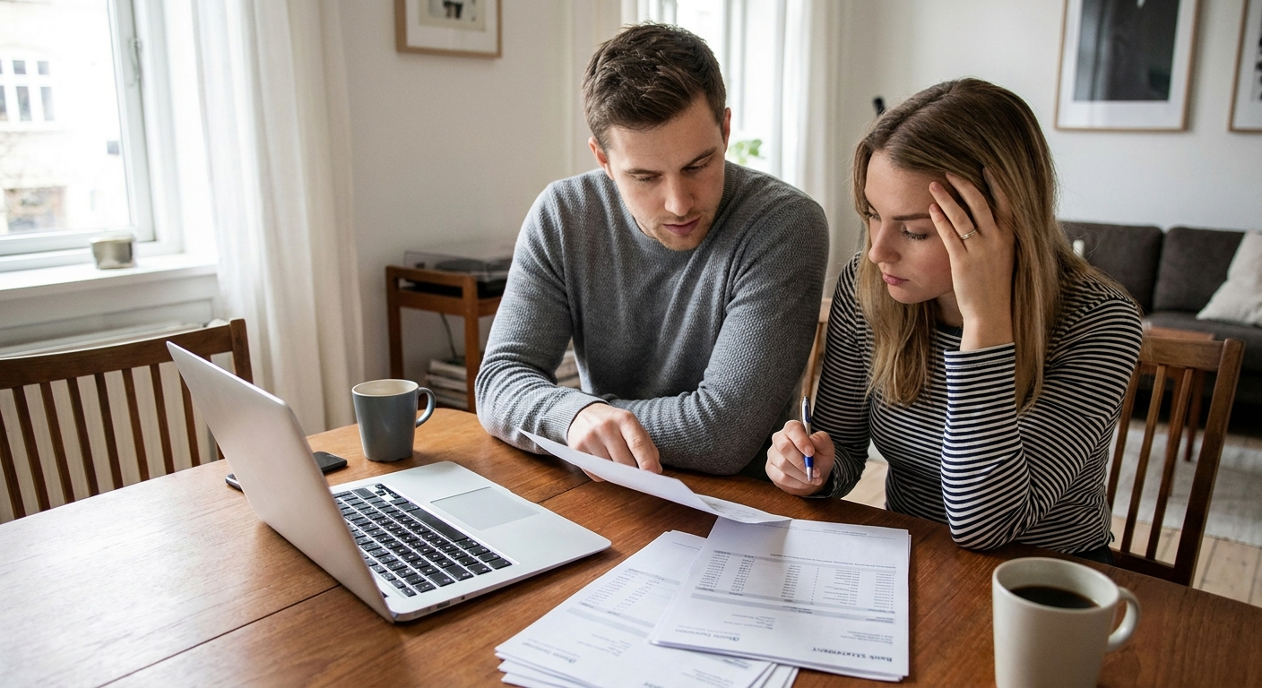 A young couple sitting at a dining table reviewing their monthly budget with a laptop and printed bank statements, realistic photography style