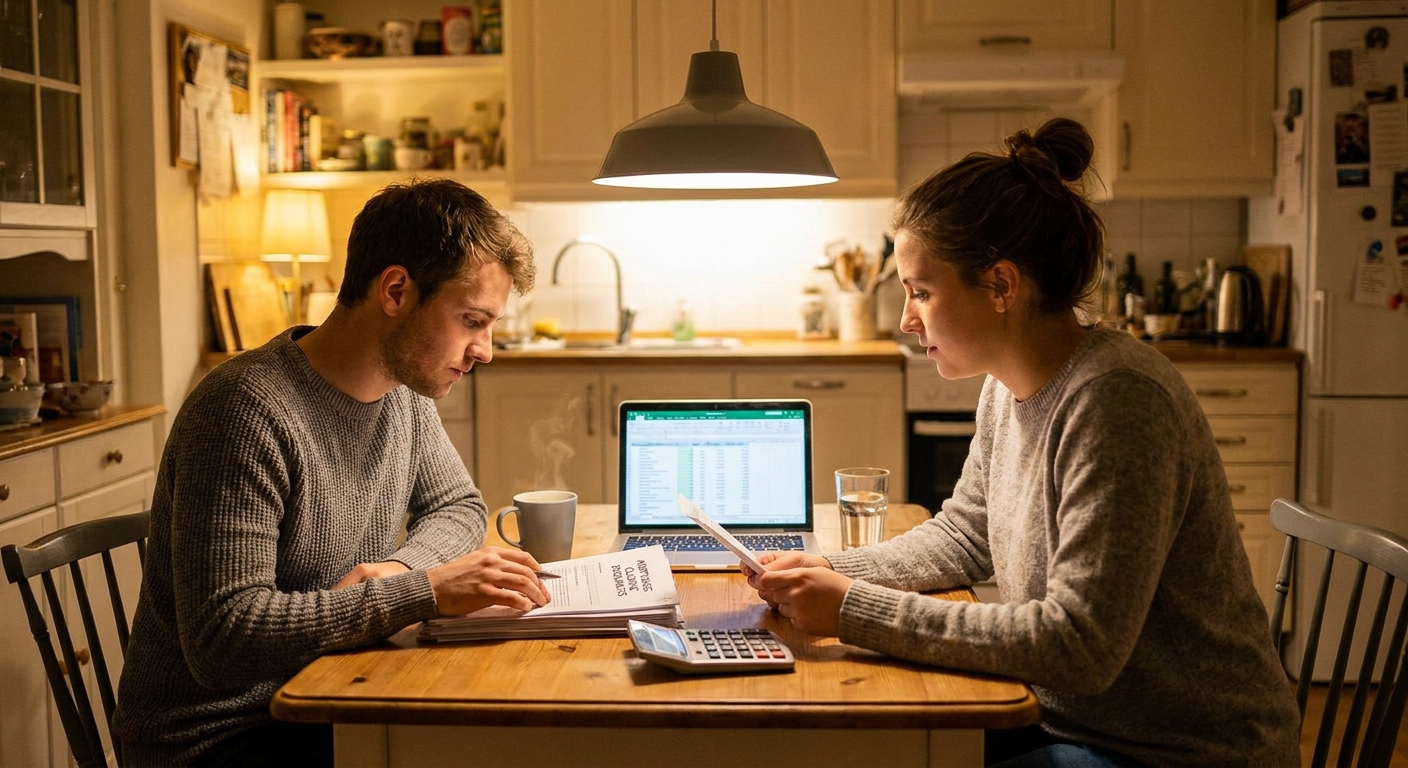 A young couple sitting at a kitchen table reviewing mortgage closing documents with a laptop and calculator, warm indoor lighting, realistic photo style