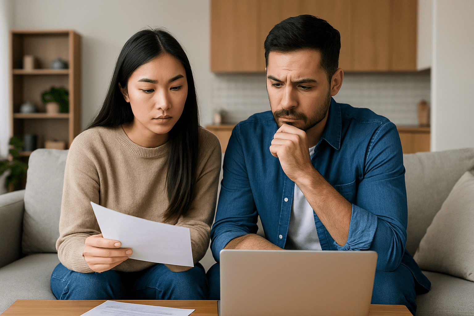 A young couple sitting on a couch in a living room reviewing bills and a laptop budget spreadsheet together, candid real photo