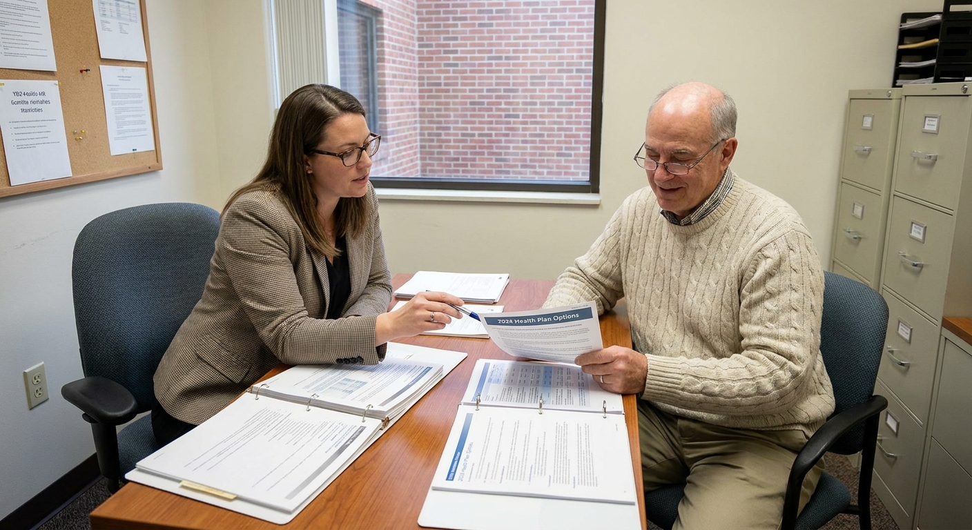 An HR benefits manager meeting with a 65-year-old employee in a small office, reviewing health insurance documents, realistic workplace photo