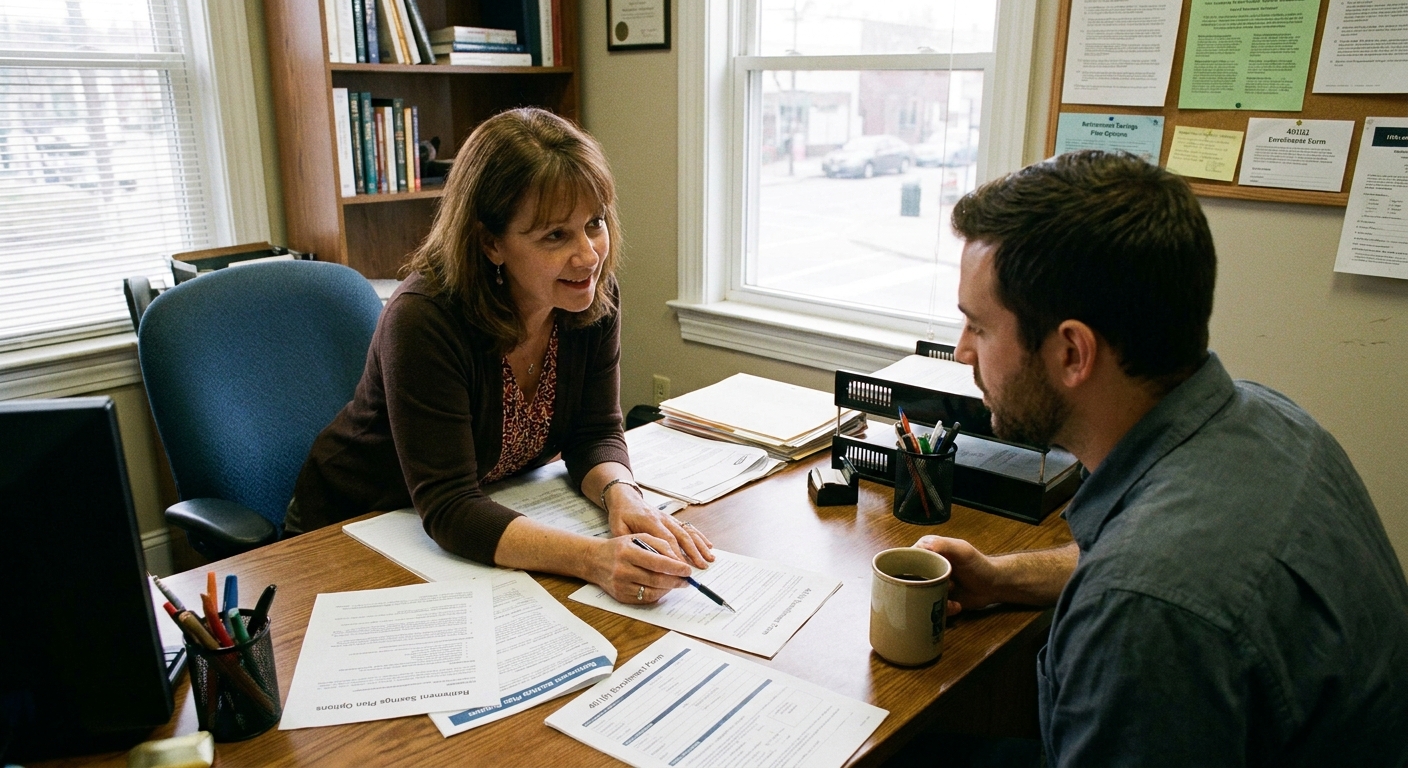 An HR manager in a small office speaking with an employee across a desk, reviewing benefits paperwork related to retirement plan choices, realistic photo