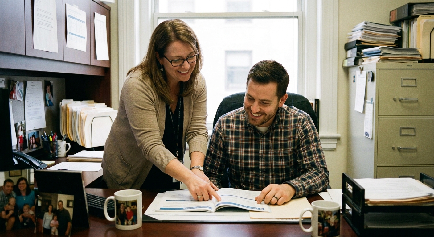 An HR representative speaking with an employee in a small office while reviewing benefits paperwork together, realistic photo