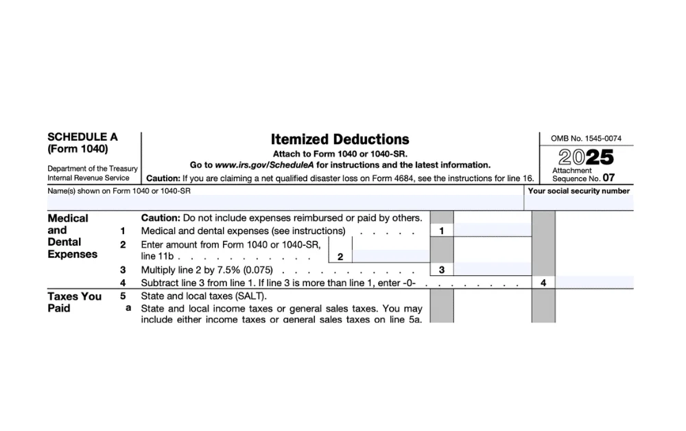 An IRS Form 1040 Schedule A on a desk next to a calculator and a pen.