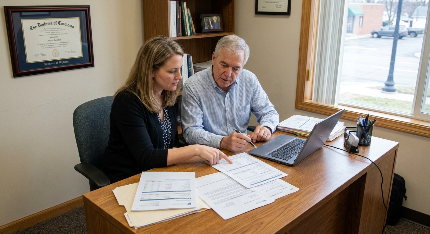 An adult child beneficiary meeting with a financial advisor in a small office, reviewing retirement account statements, realistic photo
