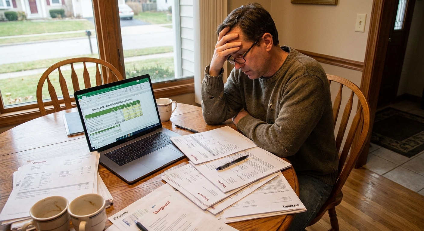 An adult child sitting at a dining room table reviewing inherited IRA distribution options on printed statements next to a laptop, real photo