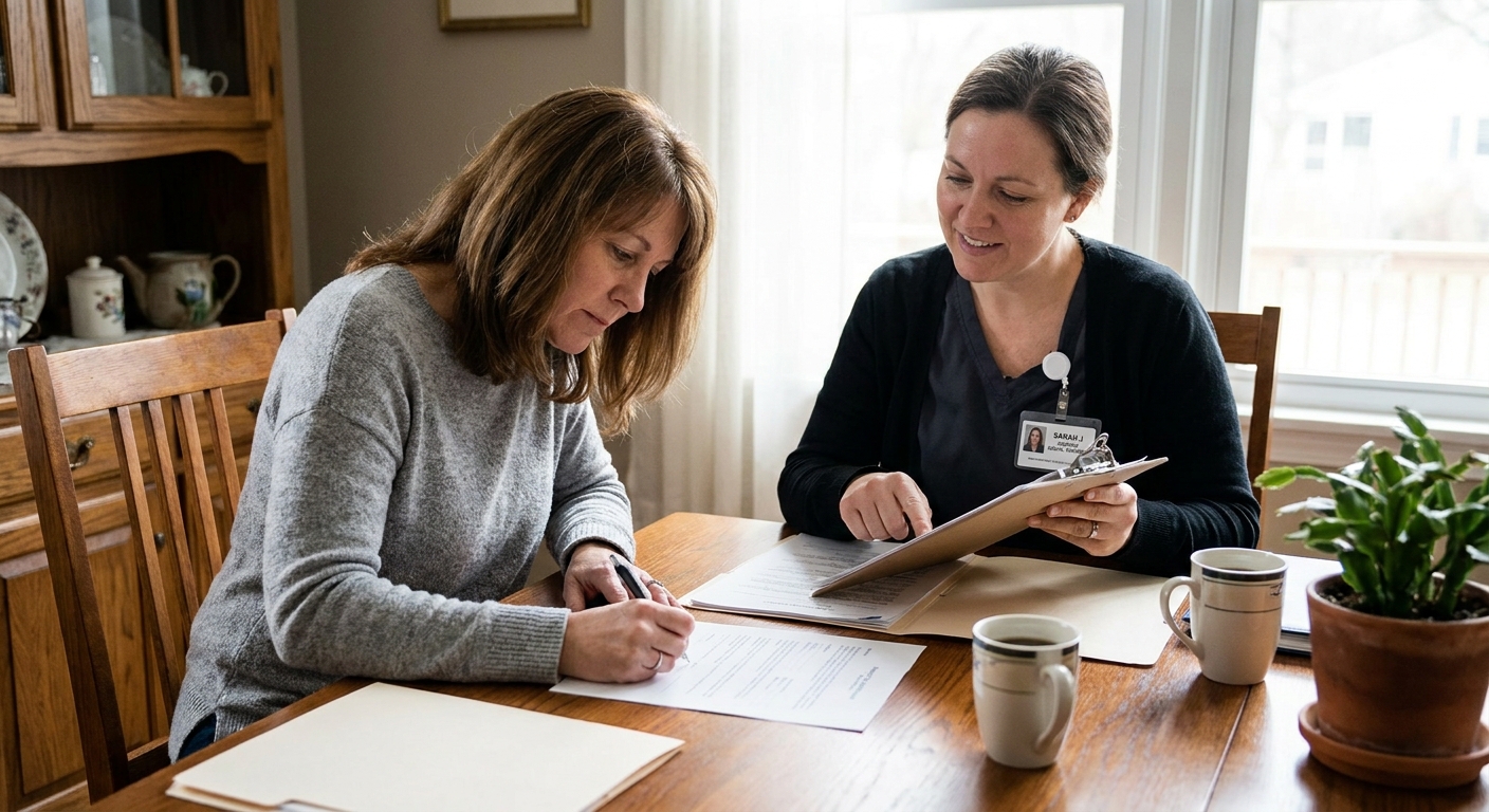 An adult daughter reviewing and signing healthcare paperwork with a hospice social worker at a dining room table, realistic candid photo