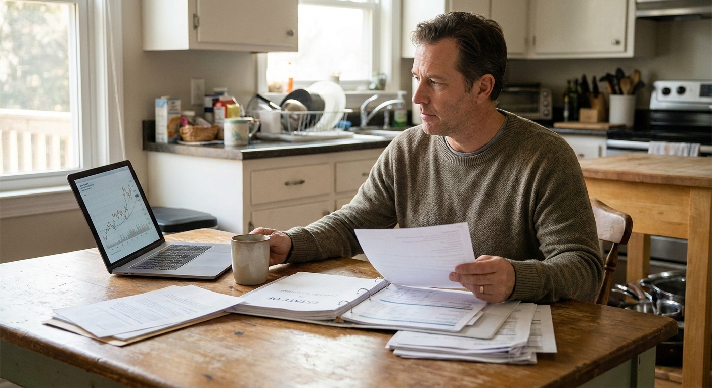 An adult heir sitting at a kitchen table reviewing estate paperwork and a brokerage statement beside a laptop, natural indoor light, realistic photo