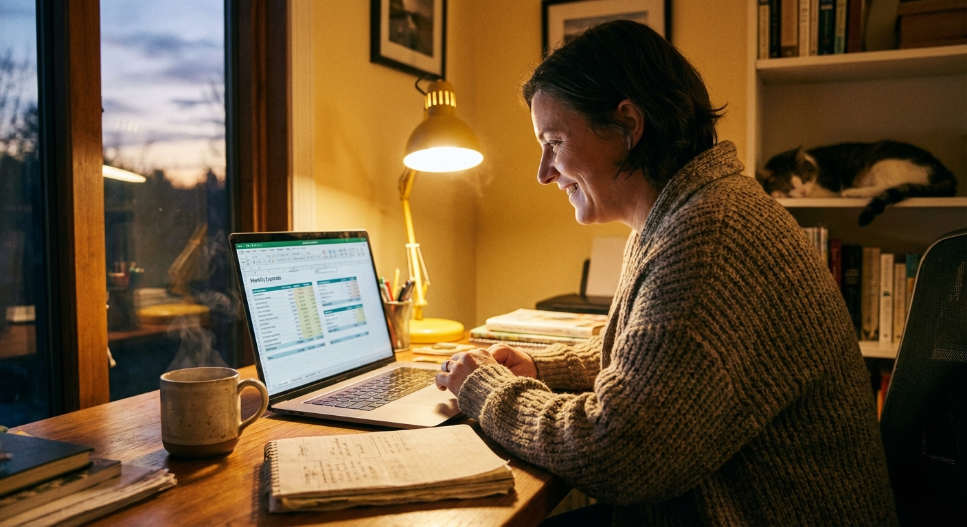 An adult sitting at a desk at home updating a budget spreadsheet on a laptop, with a notebook and a mug nearby, warm evening lighting