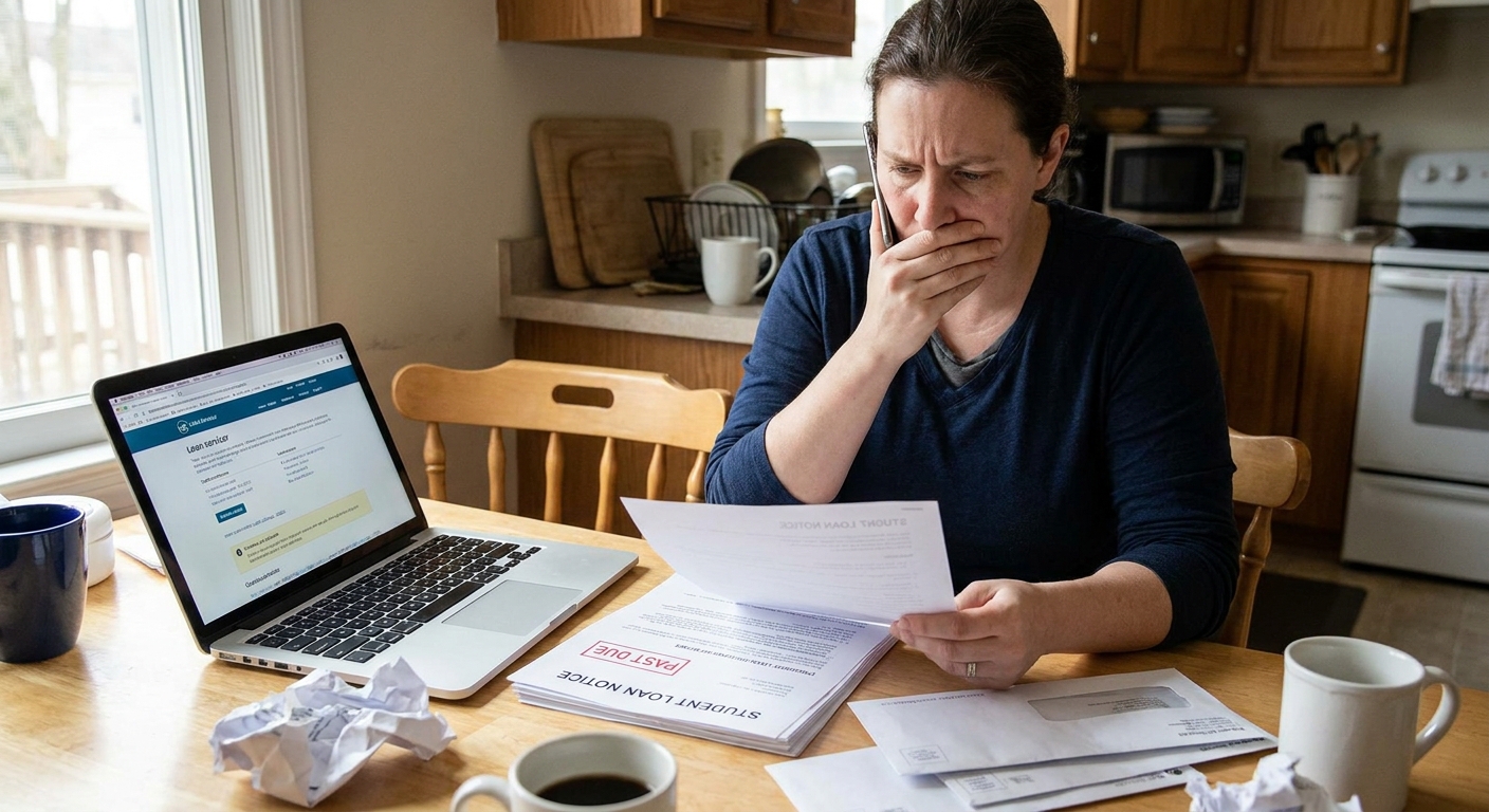 An adult sitting at a kitchen table with a laptop and paperwork, holding a phone with a worried expression while reviewing student loan notices, real-life photography style