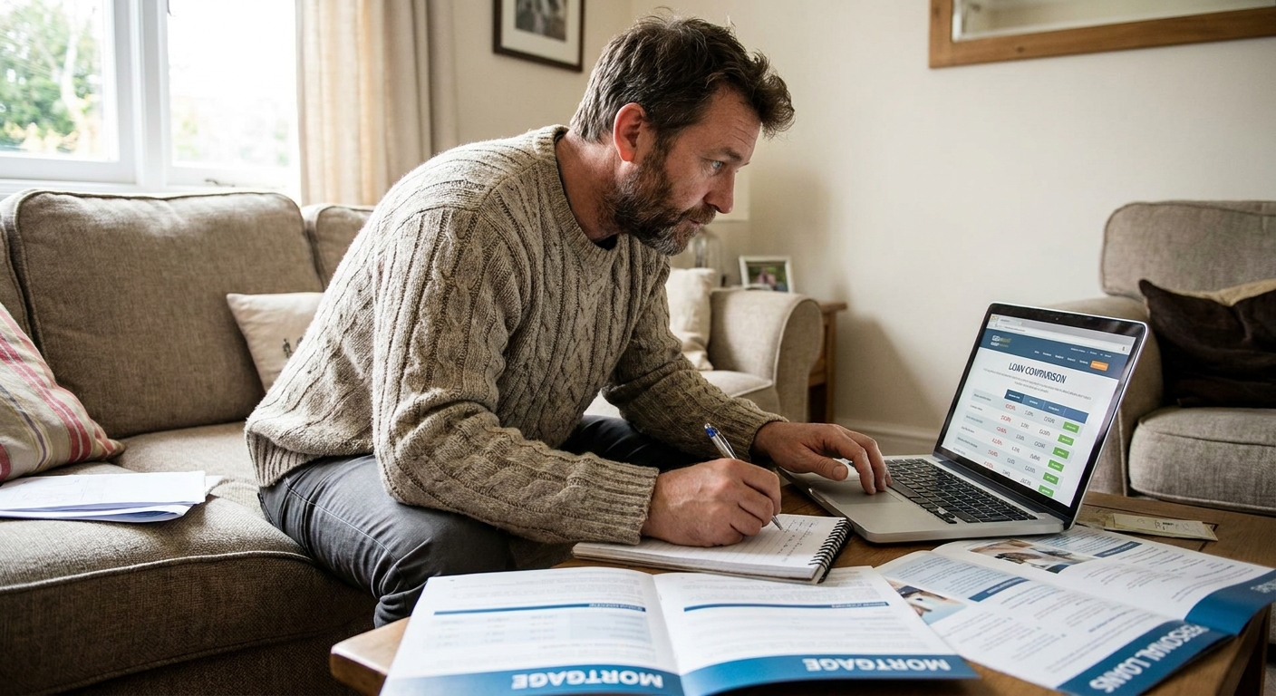 An adult sitting on a couch at home using a laptop and notepad to review loan options, realistic photograph