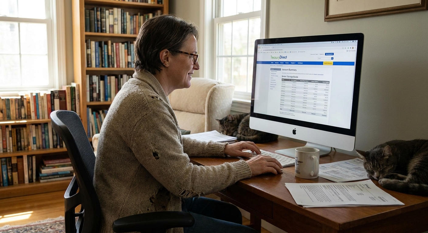 An adult viewing a TreasuryDirect account page on a desktop computer in a quiet home office, realistic photo