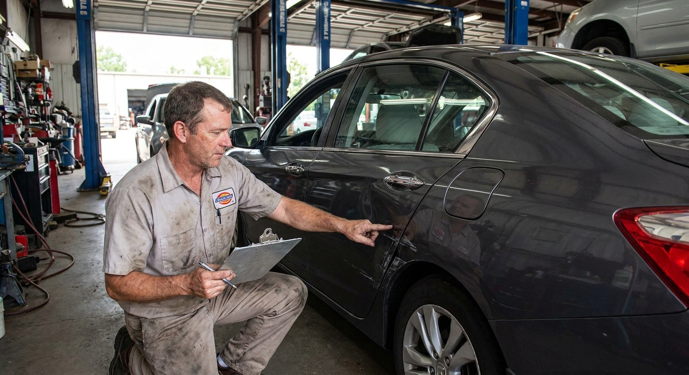 An auto body shop technician holding a clipboard while inspecting damage on a parked sedan inside a repair garage, realistic photo