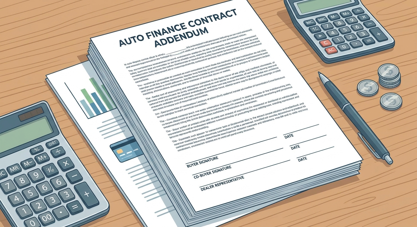 An auto finance contract addendum opened on a table, showing dense contract text and signature lines