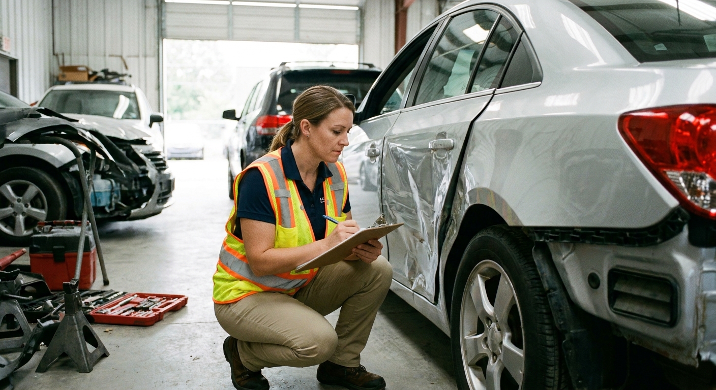 An auto insurance adjuster inspecting a damaged car door in a repair shop while taking notes on a clipboard, realistic photo