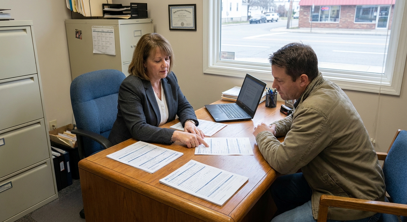 An auto insurance agent sitting across from a customer at a desk with policy documents spread out, realistic office photograph