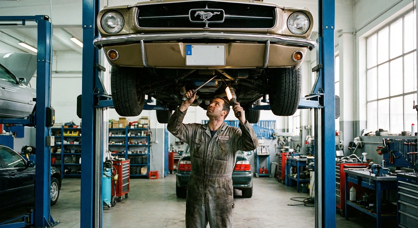 An auto mechanic inspecting the underside of a car raised on a hydraulic lift in a clean repair shop, real-life photography style