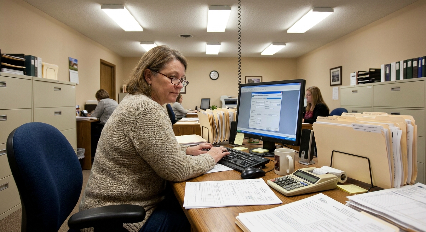 An employee in a small loan servicing office processing a residential mortgage payment on a computer, paperwork and a calculator on the desk, realistic photography style
