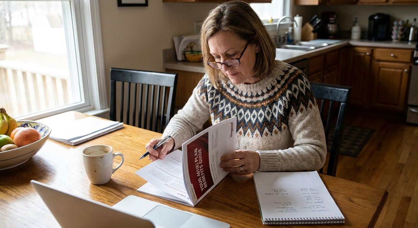 An employee sitting at a kitchen table reading a 401(k) plan benefits booklet with a notepad beside it, realistic photo