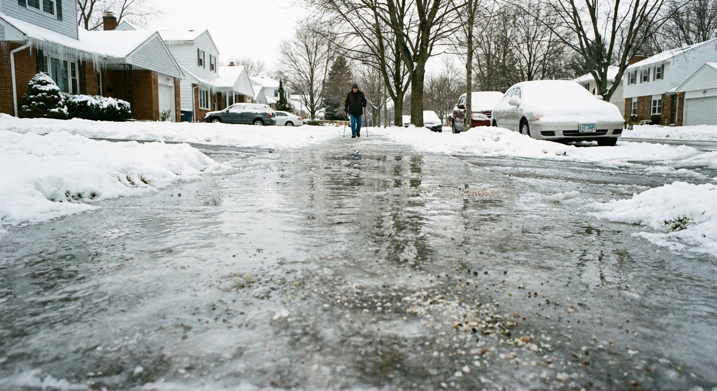 An icy residential sidewalk in a quiet suburban neighborhood during winter, realistic photography style