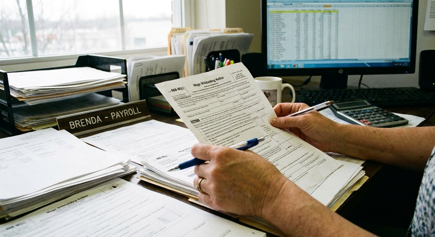 An office desk with a payroll clerk's hands holding a printed wage withholding notice and a pen, realistic workplace photography style