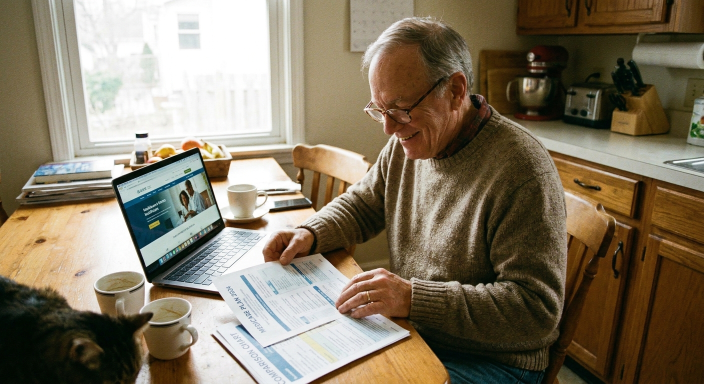 An older adult at a kitchen table reviewing Medicare plan documents and a laptop, natural home lighting, candid photography style