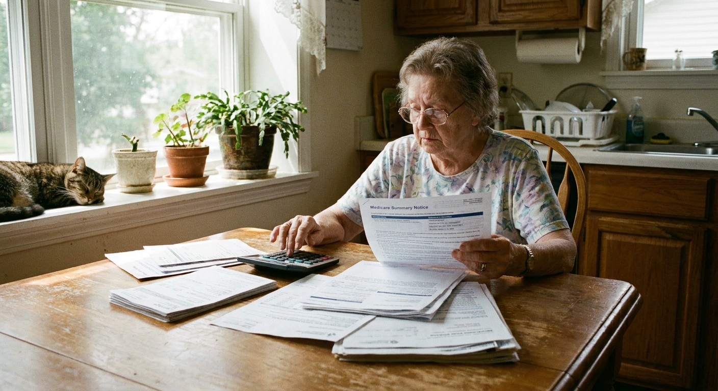 An older adult at a kitchen table sorting medical bills and a Medicare statement with a calculator nearby, natural window light photo
