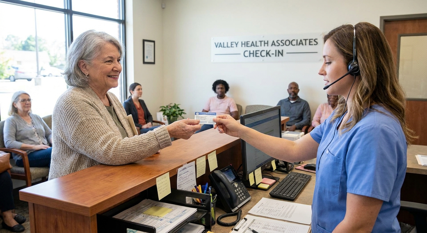 An older adult handing an insurance card to a receptionist at a primary care clinic front desk, realistic photo