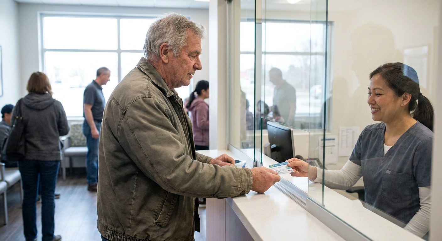 An older adult handing an insurance card to a receptionist at a medical clinic front desk, candid real-life photo