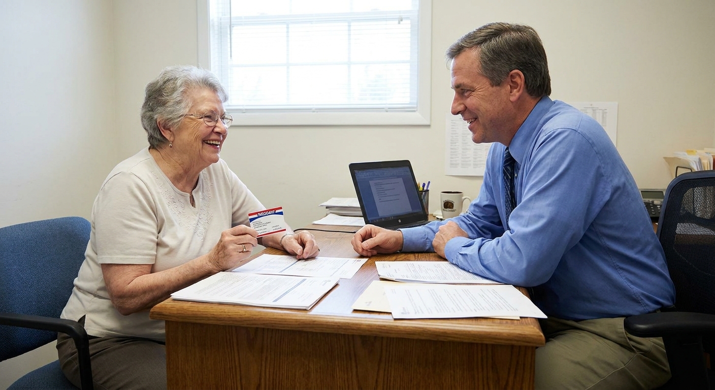 An older adult holding a Medicare card while having a friendly conversation with an insurance agent at a desk, real office photography
