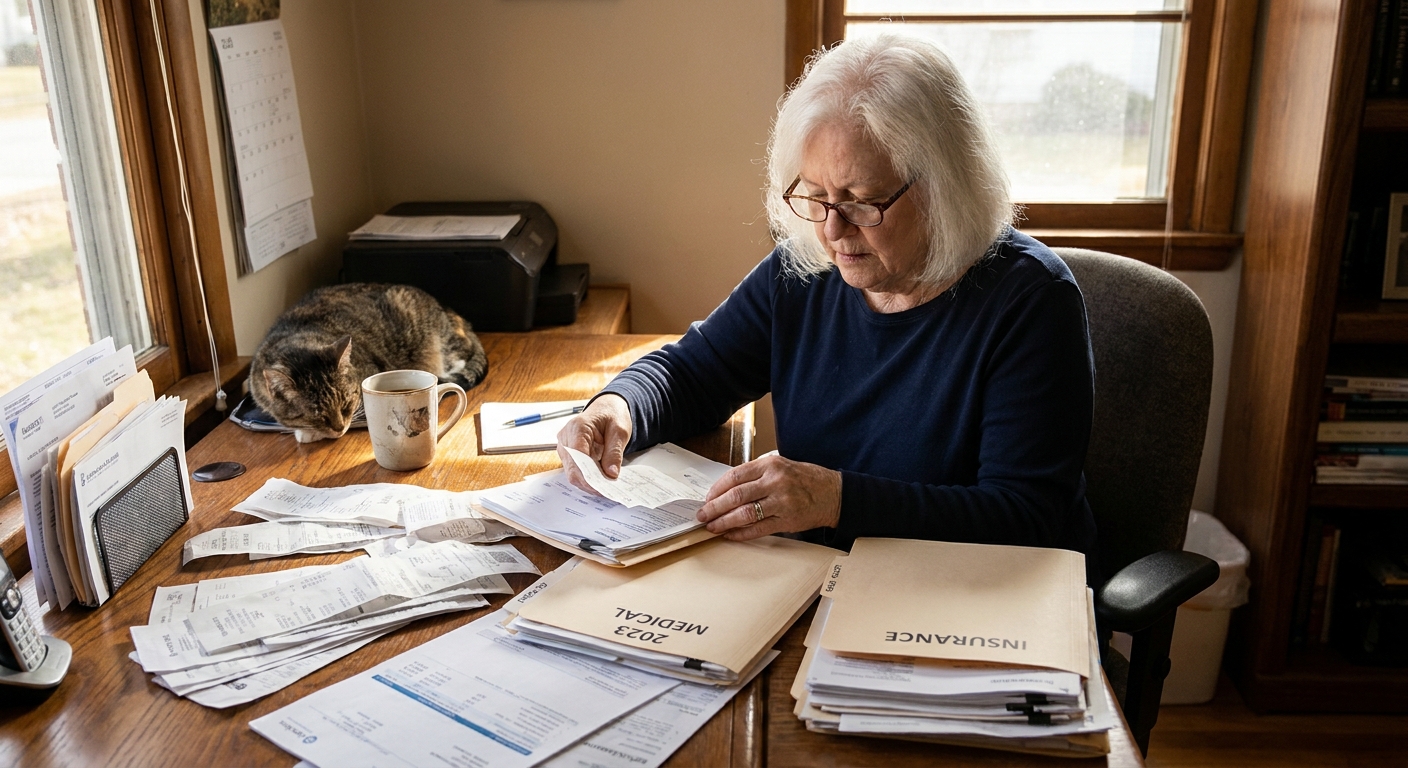 An older adult in a home office organizing medical receipts and account statements into folders on a desk, realistic photo