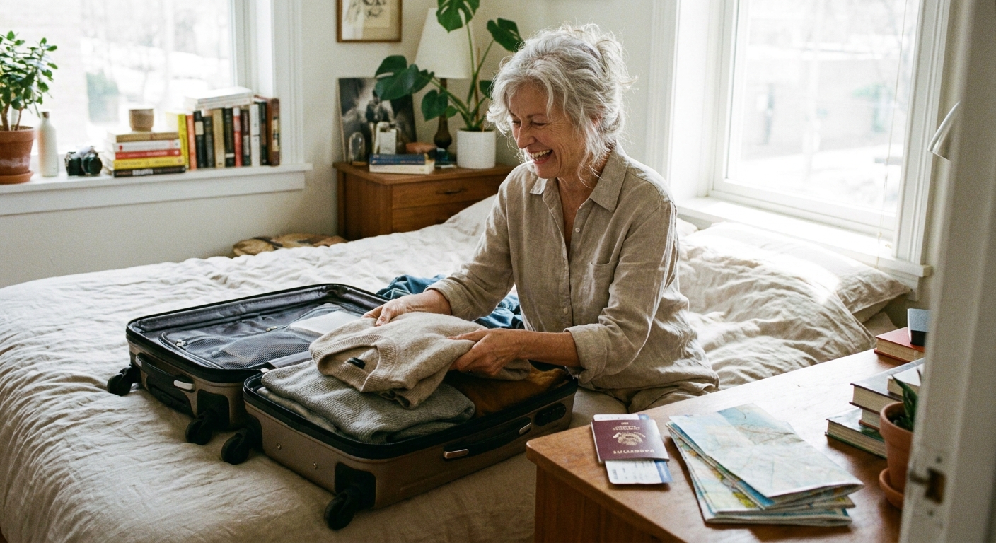 An older adult packing a suitcase on a bed with travel documents on a nearby table, candid lifestyle photography