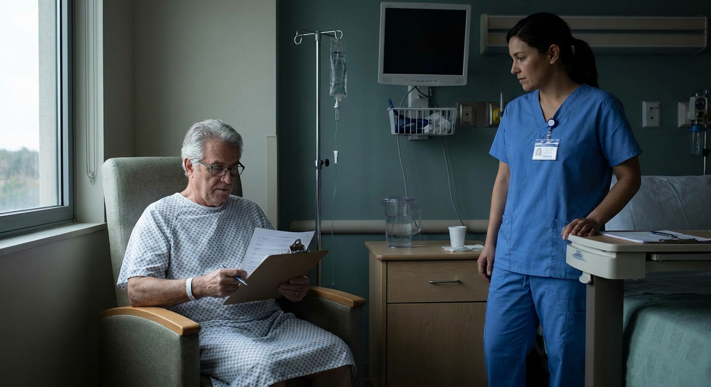An older adult patient sitting in a hospital room holding admission paperwork while a nurse stands nearby, realistic hospital photography style