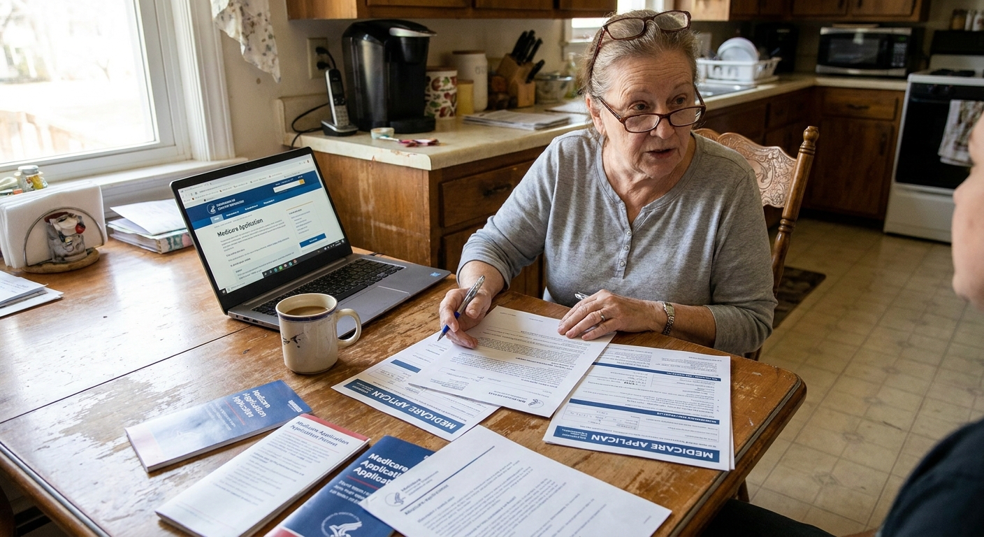 An older adult reviewing Medicare enrollment paperwork at a kitchen table with a laptop and a cup of coffee, candid real-life photo