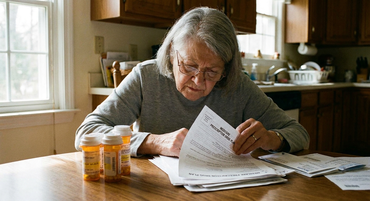 An older adult reviewing Medicare prescription paperwork at a kitchen table with a few prescription bottles nearby, natural indoor light, candid photograph