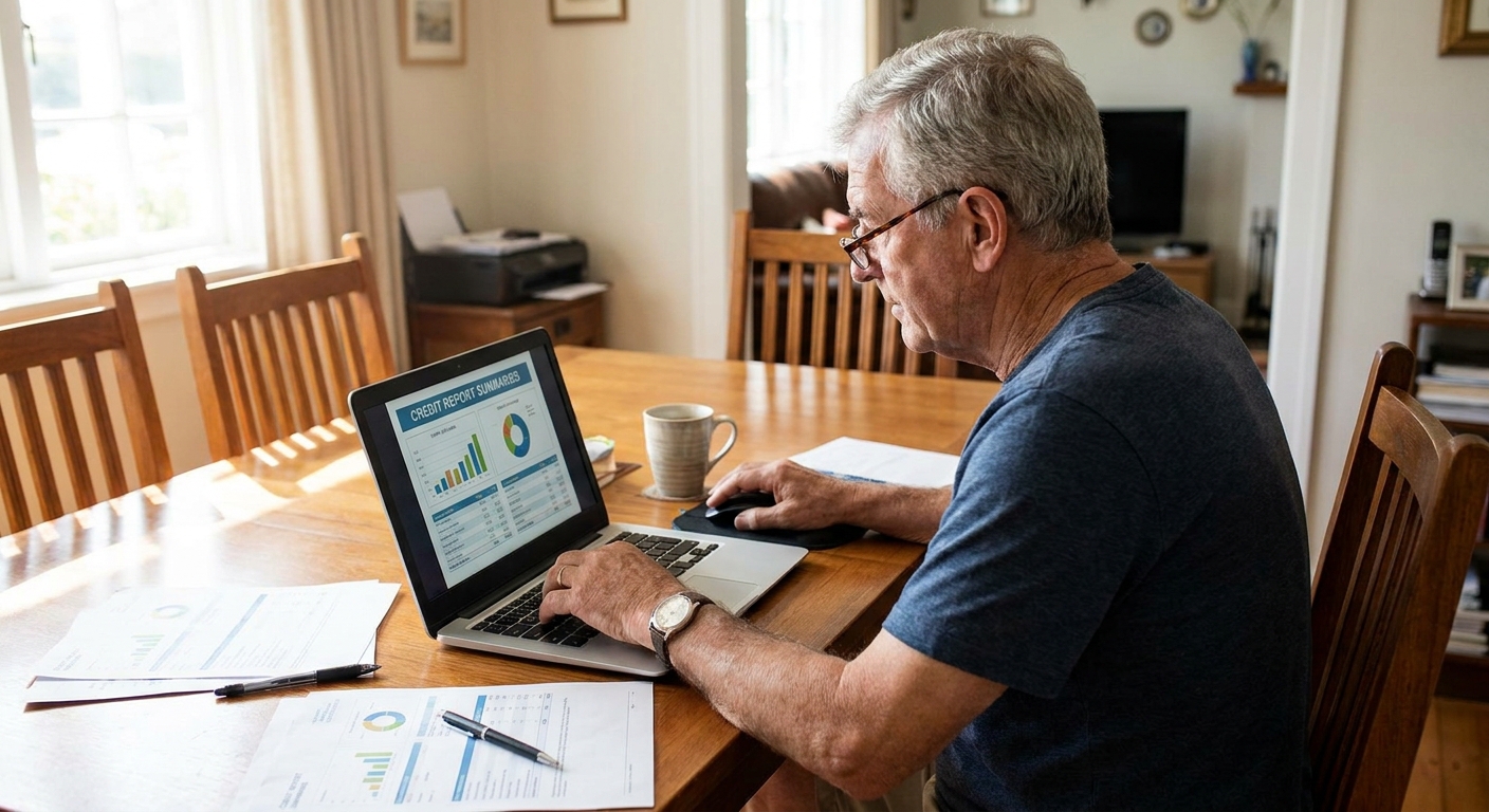 An older adult reviewing a credit report on a laptop at a dining table, realistic photo