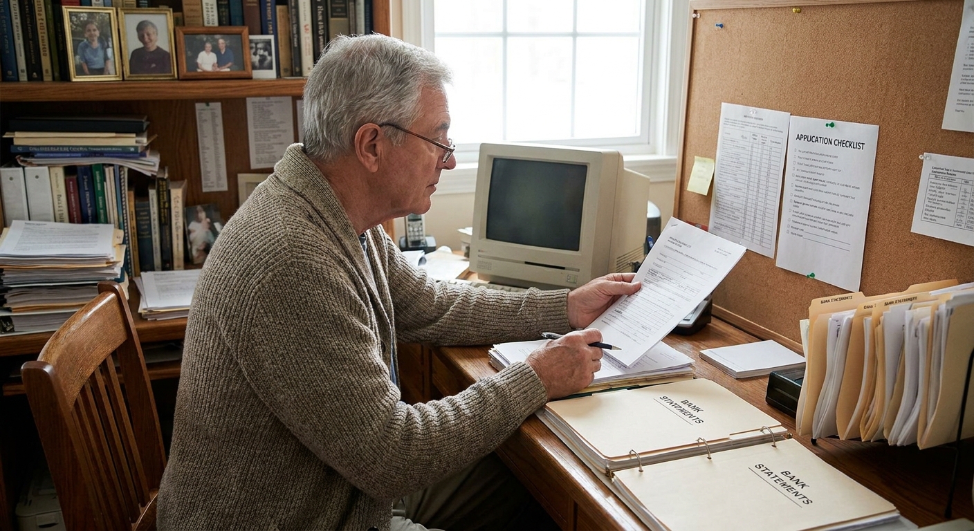 An older adult sitting at a desk organizing bank statements and an application checklist in a home office, realistic photo